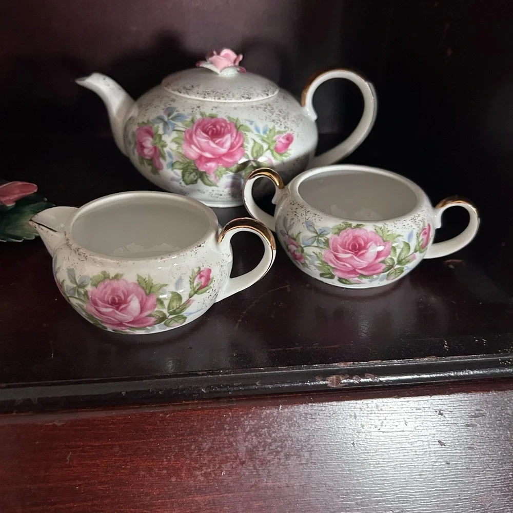 Lefton Dresdon Pink Rose Stacked Teapot Set - Picture 2 of 3